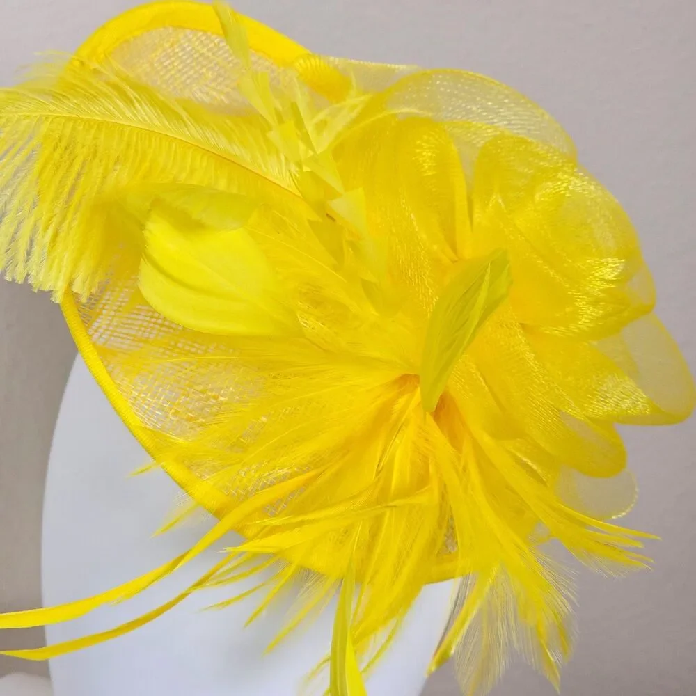Yellow Fascinator Headband Hair Clip Feathers & Flower Kentucky Derby Tea Party